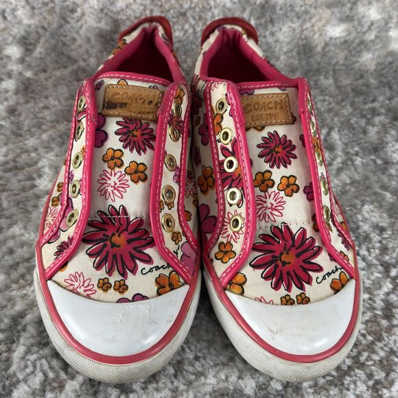 Coach Sz 7 Barret Poppy Floral Canvas Sneakers Pink & White Preppy Shoes - Picture 2 of 9